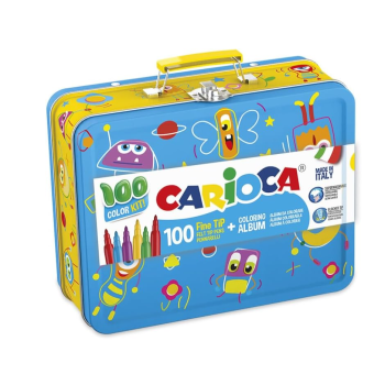 Carioca Color Box, scatola latta metallica blu 100 pennarelli + album