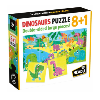 Headu- Dinosaurs Puzzle 8+1 - Grandi tessere double-face ( Anni 2+)