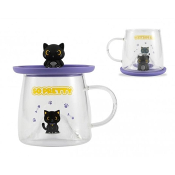i-Total - Tazza Bicchiere in Vetro con Coperchio in Silicone Gatto Nero (XL3117)