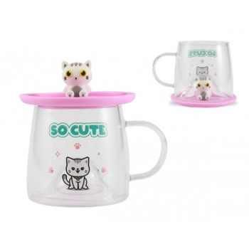 i-Total - Tazza Bicchiere in Vetro con Coperchio in Silicone Gatto Bianco (XL3118)
