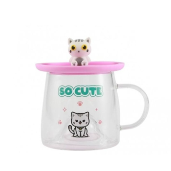 i-Total - Tazza Bicchiere in Vetro con Coperchio in Silicone Gatto Bianco (XL3118)