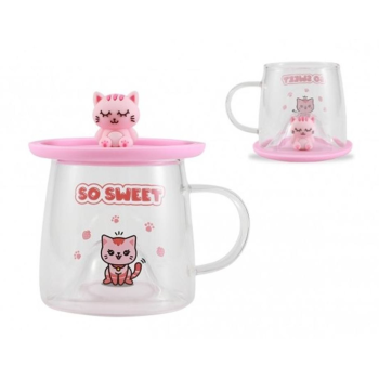 i-Total - Tazza Bicchiere in Vetro con Coperchio in Silicone Gatto Rosa (XL3119)