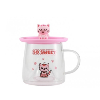 i-Total - Tazza Bicchiere in Vetro con Coperchio in Silicone Gatto Rosa (XL3119)