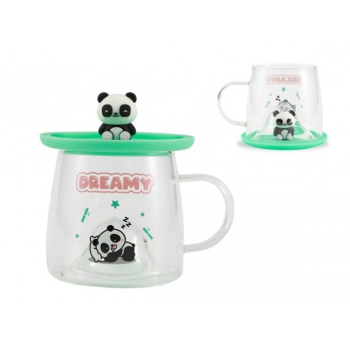i-Total - Tazza Bicchiere in Vetro con Coperchio in Silicone Pandastic (XL3121)