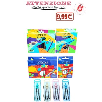 Pigna - Box Offerta Limitata Pennarelli Maxi baby conf.12+6 e Pennarelli Junior 24 Large e 24 Slim + 1 Compasso colore casuale.