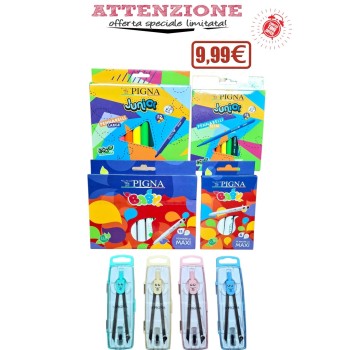 Pigna - Box  Offerta Limitata Pennarelli Maxi baby conf.12+6 e Pennarelli Junior 12 Large e 12 Slim + 1 Compasso colore casuale.