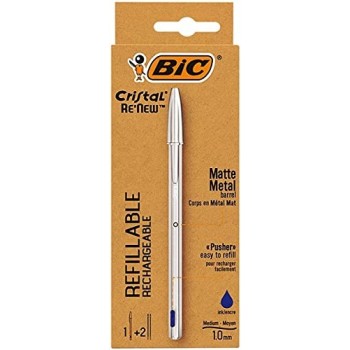 BBic - Penna a sfera Cristal Ricaricabile ReNew, Punta media 1 mm, Fusto in metallo opaco, Inchiostro Blu