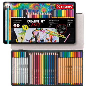 Stabilo - Creative Set Arty con 12 Fineliner point 88, 8 Pennarelli Pen 68 Brush e 16 matite Aquacolor (87/3193)