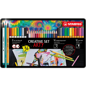 Stabilo - Creative Set Arty con 12 Fineliner point 88, 8 Pennarelli Pen 68 Brush e 16 matite Aquacolor (87/3193)