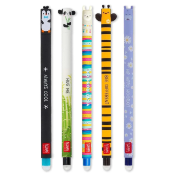 Legami Set 5 Penne cancelline Pinguino, Panda, Lama, Ape e Hippo