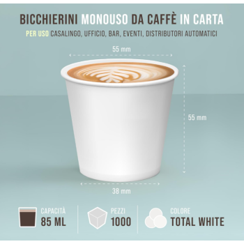 Cartospedia – 1000 Bicchierini Caffè Carta, 75 ml Made in Italy 100%, Total White