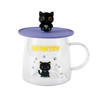 i-Total - Tazza Bicchiere in Vetro con Coperchio in Silicone Gatto Nero (XL3117)