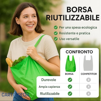 Cartospedia - Shopper Biodegradabili e Compostabili 100% - Buste Bio Verde 27x50 cm con Soffietti 6+6 - Sacchetti Eco per Traspo