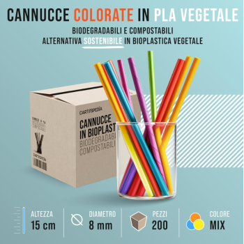 Cartospedia – Cannucce Cocktail Compostabili, Colorate Larghe Ø 8 mm, Lunghe 15 cm - Cannucce per Bubble Tea, Feste, Bar - CPLA 