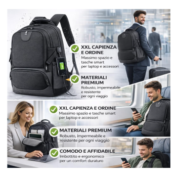 Cartospedia - Urban Zaino Porta Computer 15,6 Pollici Waterproof in Poliestere Nero 30x22x46 cm con Porta USB e Fascia Trolley, 