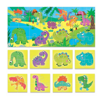 Headu- Dinosaurs Puzzle 8+1 - Grandi tessere double-face ( Anni 2+)