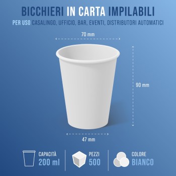 CARTOSPEDÌA - 500 Bicchieri Carta Da 200 ml, Biodegradabili e Compostabili, Usa e Getta, Monouso, Ecologici