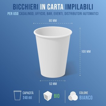 CARTOSPEDÌA - 200 Bicchieri Carta Da 240 ml, Biodegradabili e Compostabili, Usa e Getta, Monouso, Ecologici per Acqua