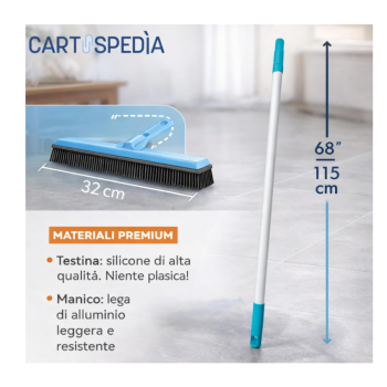 Cartospedìa - Scopa in Silicone con Manico Estensibile - Raccogli Polvere e Peli - Lavabile - Ideale per Interno e Esterno