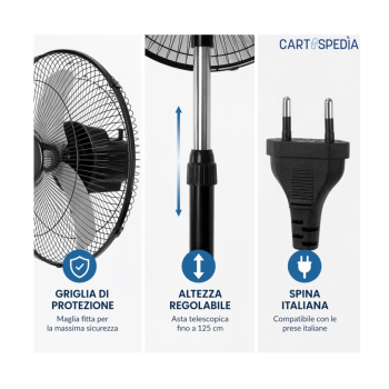 Cartospedìa - Ventilatore 3 in 1 a Piantana, Tavolo e Parete - 75W con 5 Pale in Alluminio - Silenzioso per Casa e Ufficio