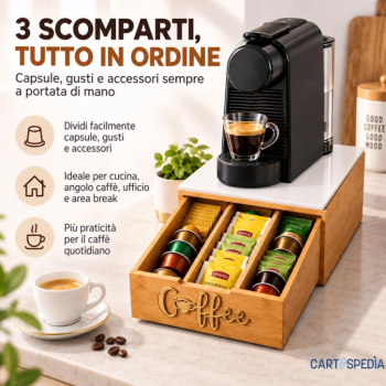 Cartospedia - Porta Capsule Caffè in Bambù - 3 Scomparti - 30x30x10 cm